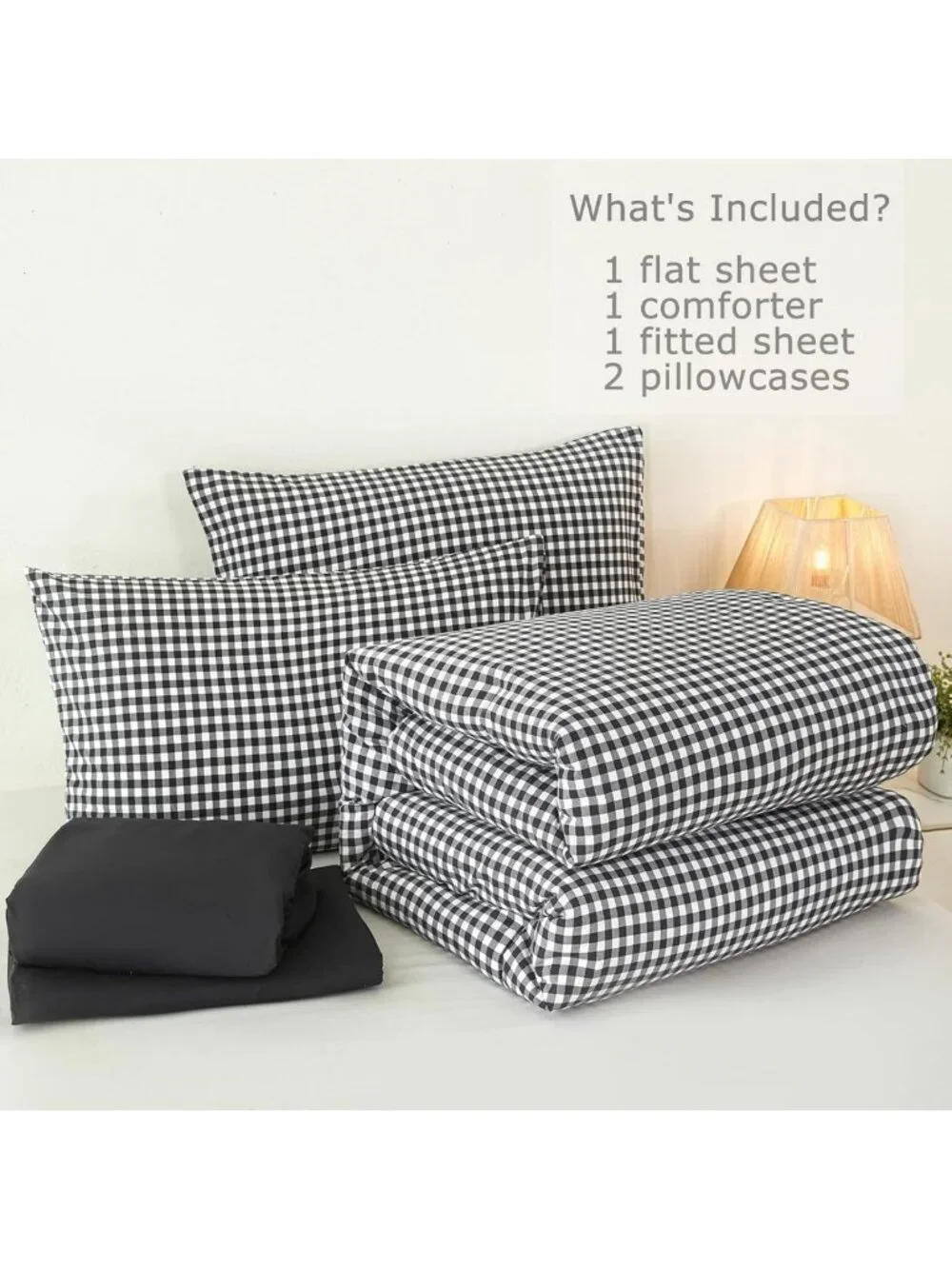 Stylish Twin Black & White Gingham 5-Piece Bedding Set - Plaid Comforter